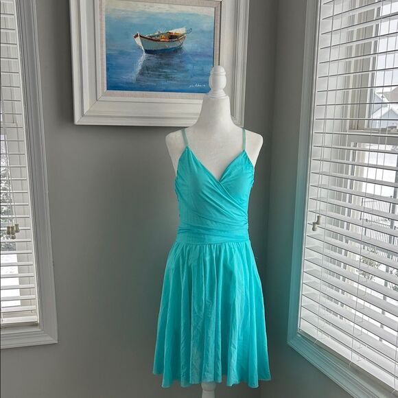 Vintage Dresses & Skirts - Vintage Necessary Objects Turquoise Faux Wrap Mesh Formal Midi Dress